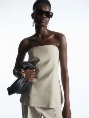 COS Strapless Beige Linen-Blend Bustier Top